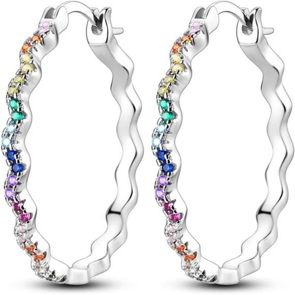 925 Sterling Silver Twisted Huggie Hoop Earrings with Colorful Cubic Zirconia - Picture 1 of 6